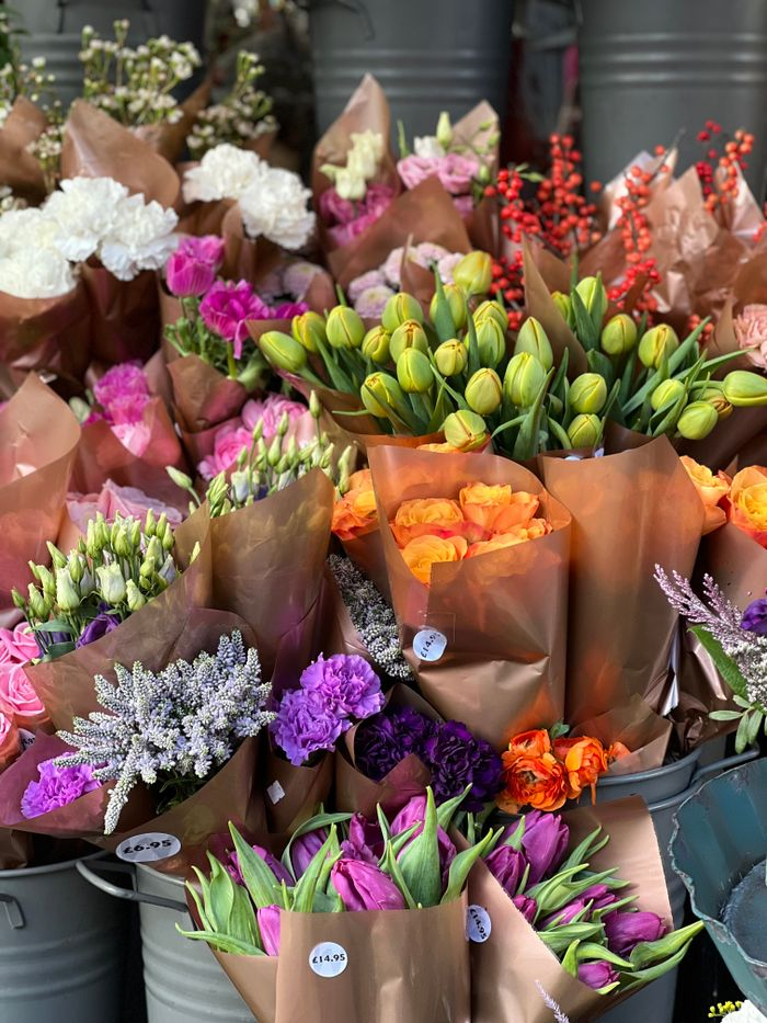 Offerings Vibrant flower bouquets in various colors arranged beautifully in buckets for sale at a florist.
